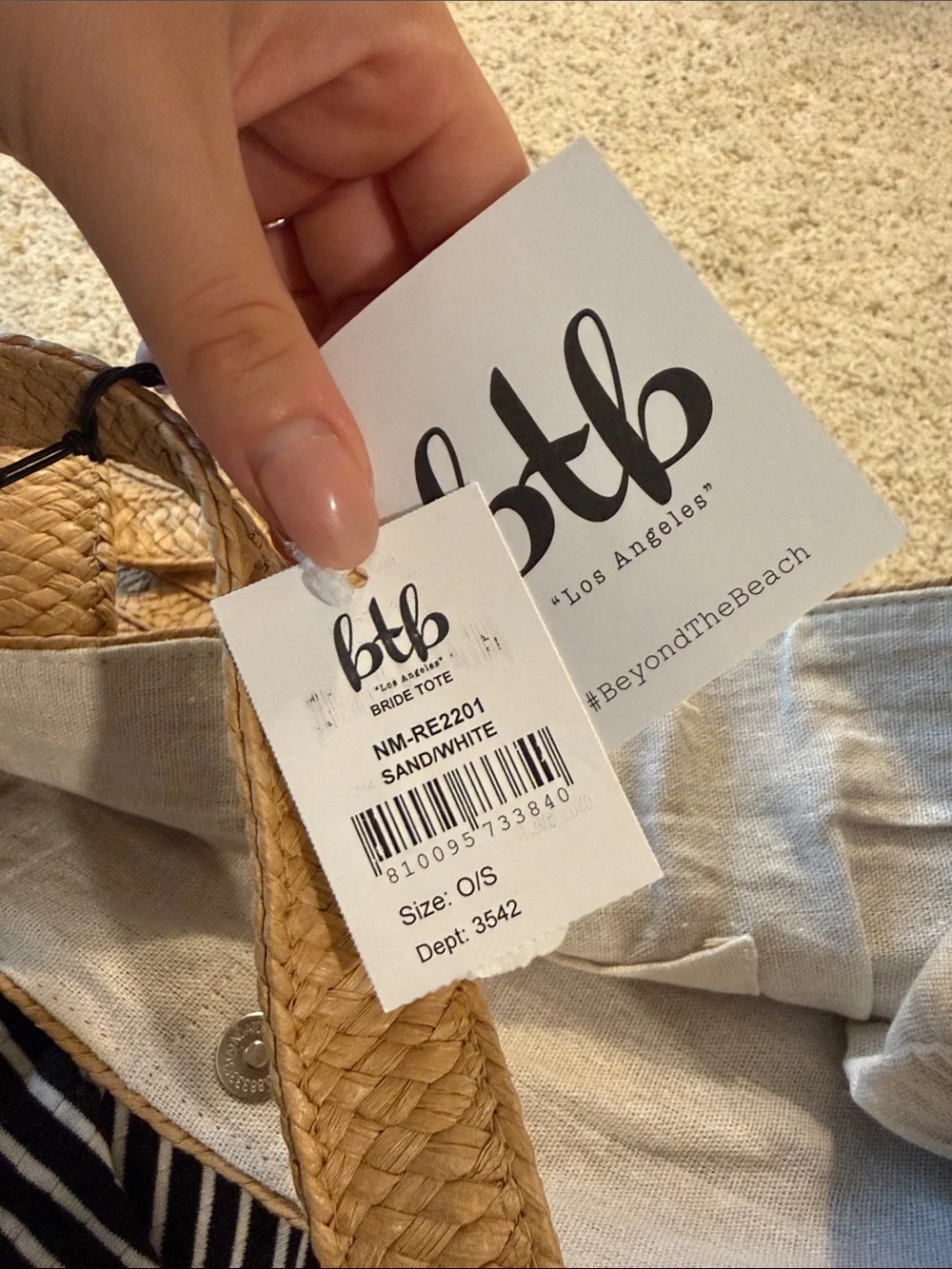 BRIDE Straw Tote Bag in Tan with White Lettering